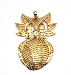 Alan Signed Vintage Owl Pendant Necklace Gold Tone 3.5in Retro Modernist Jewelry