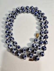 VINTAGE! Chinese 56 BEAD Necklace Hand-Knotted Porcelain BLUE & WHITE STARS 33”
