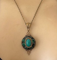 Vintage Scarab Necklace Egyptian Revival Pendant Green Czech Glass Beetle