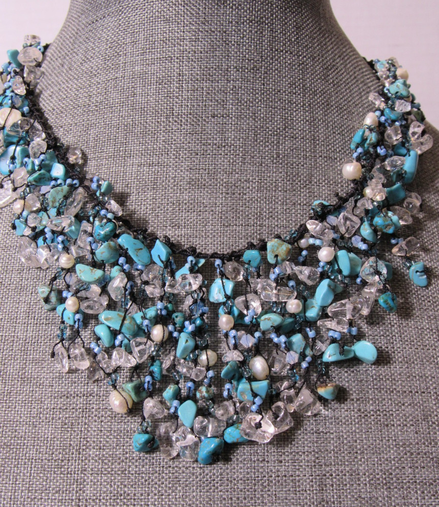 Turquoise Chip Beads Artisan Cluster Boho Waterfall Necklace Coastal Cowgirl