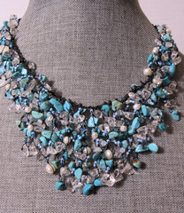 Turquoise Chip Beads Artisan Cluster Boho Waterfall Necklace Coastal Cowgirl