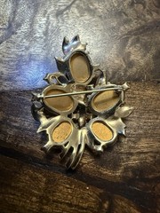 Vintage Joseph Mazer Jomaz Golden Ridged Moonstone Cabochon & Rhinestone Brooch