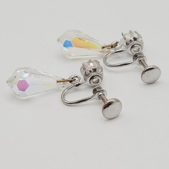 Vintage AB Crystal Faceted Teardrop Prism Drop Dangle Fancy Screw Back Earrings
