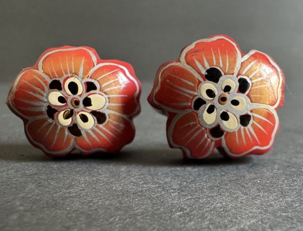Vintage Red Hand Painted Flower Clip On Earrings Carved Lucite Floral Camellia