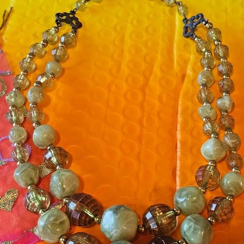 Vintage Double Strand Green and Amber Beaded Necklace