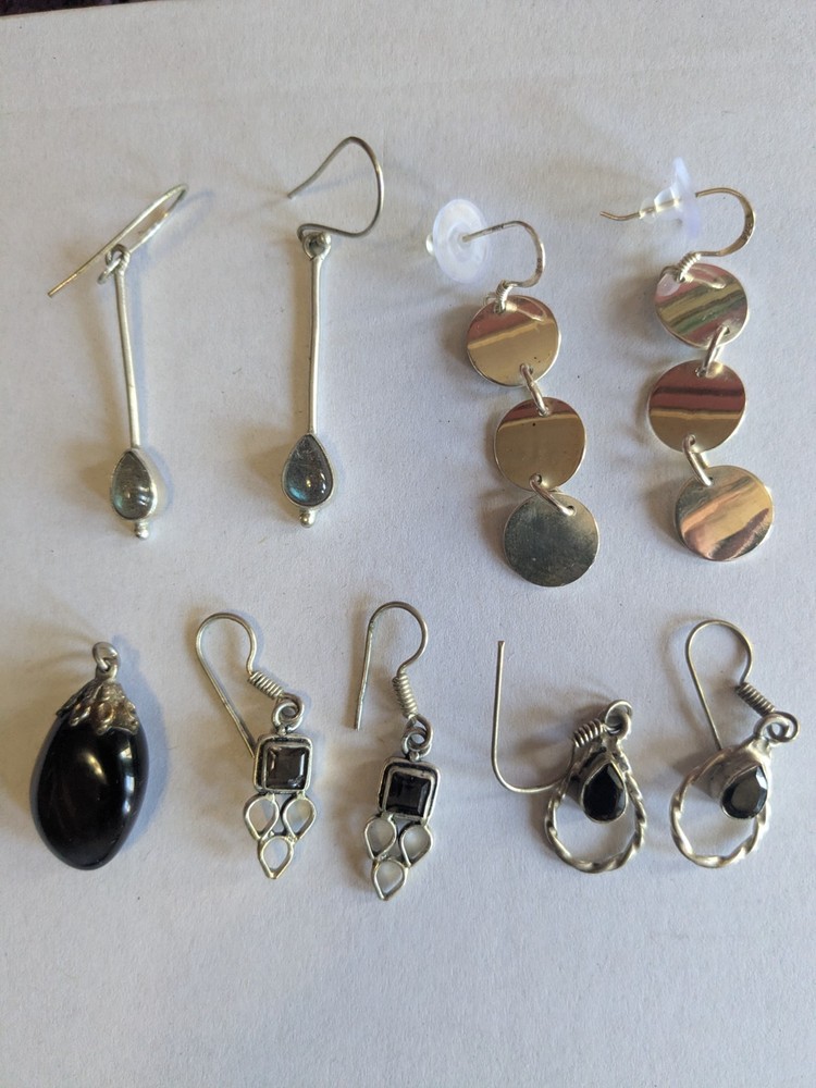 Vintage real silver & gem drop dangle earrings. 4 pairs. Delicate & pretty