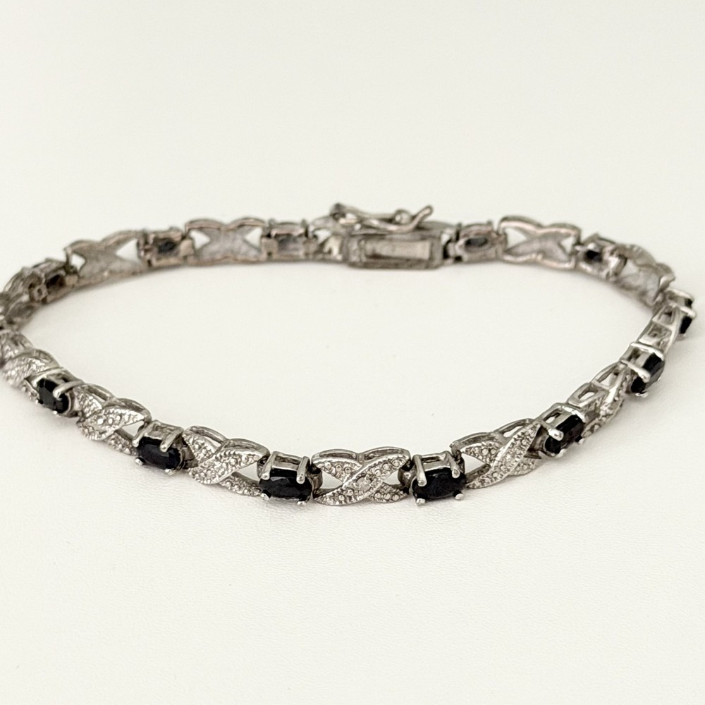 Vintage 925 Sterling Silver Genuine Sapphire & Diamond XO Tennis Bracelet 7″