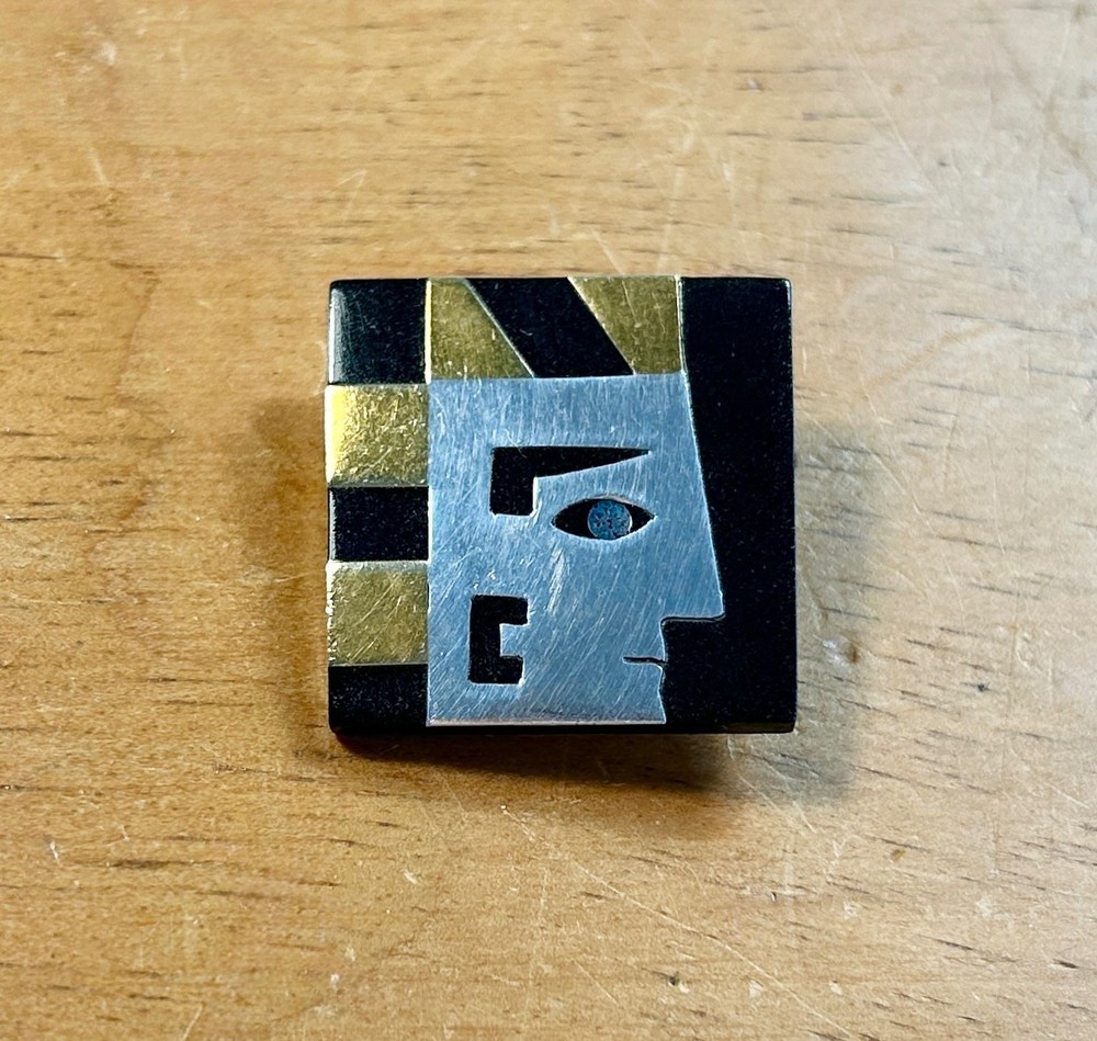 1950’s VINTAGE Modernist, Mexican, Mixed Metal, Lapis, Onyx, Face Profile Brooch