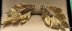 Gold Tone Leaf Earrings Blue Stones Pierced Post Vintage Estate Jewelry