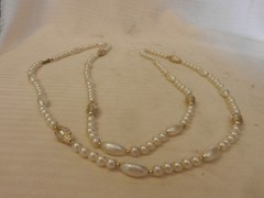 Vintage Stranded White Ball & Ovals with Silver Necklace 54″ Long from Hong Kong