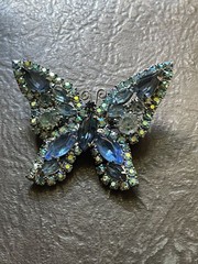 Vintage 1960s Blue Aurora Borealis Rhinestone Butterfly Brooch Pin Statement