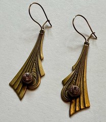 Vintage Art deco style brass with faceted crystal prism charm 1 5/8″ Earrings