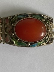 CHINESE EXPORT Bracelet Silver Filigree Cloisonne Enamel Vintage Carnelian Panel