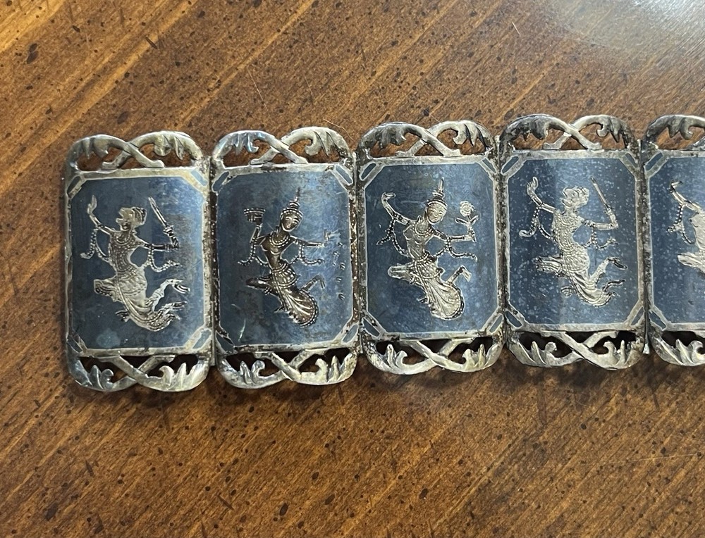 Vintage Siam Niello Sterling Silver Panel Bracelet Thailand 42 Grams