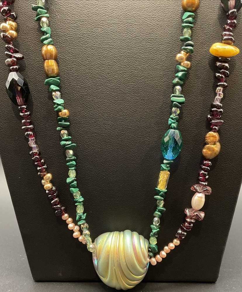 Vintage Amber Garnet Malachite Pearl Crystal Lamp Works Bead Necklace Orig $150