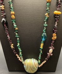 Vintage Amber Garnet Malachite Pearl Crystal Lamp Works Bead Necklace Orig $150