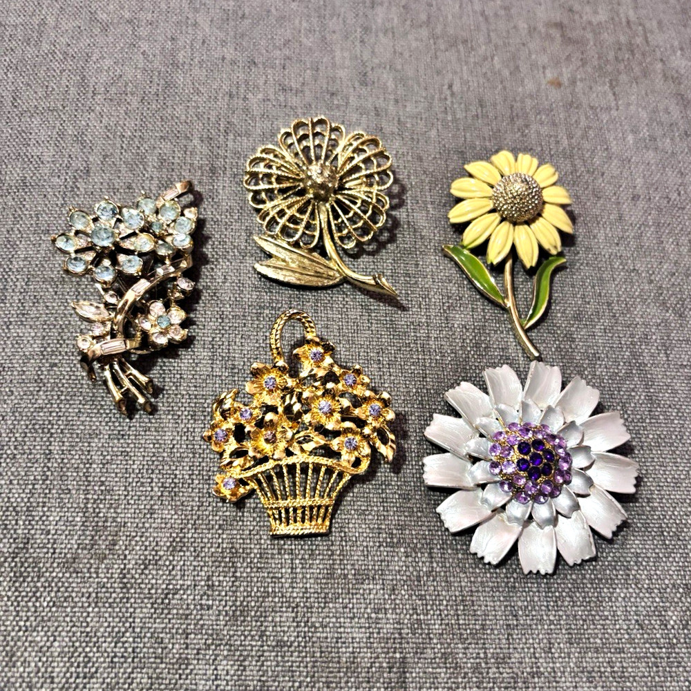 Lot of 5 Floral & Basket Brooch Pins, Multicolor Metal Enamel Rhinestone