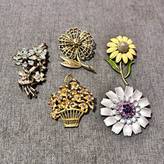 Lot of 5 Floral & Basket Brooch Pins, Multicolor Metal Enamel Rhinestone