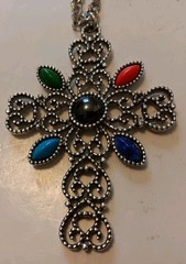Vintage Avon Silver Tone Filigree Cross Necklace with Faux Gemstones – 24 inch