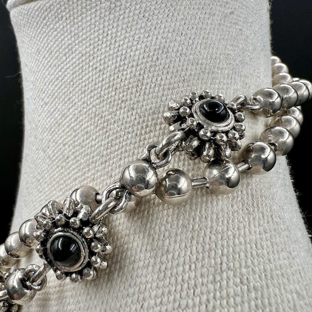 Vintage Long Silver Tone Necklace Black Floral Stations 35″ Southwest Statement