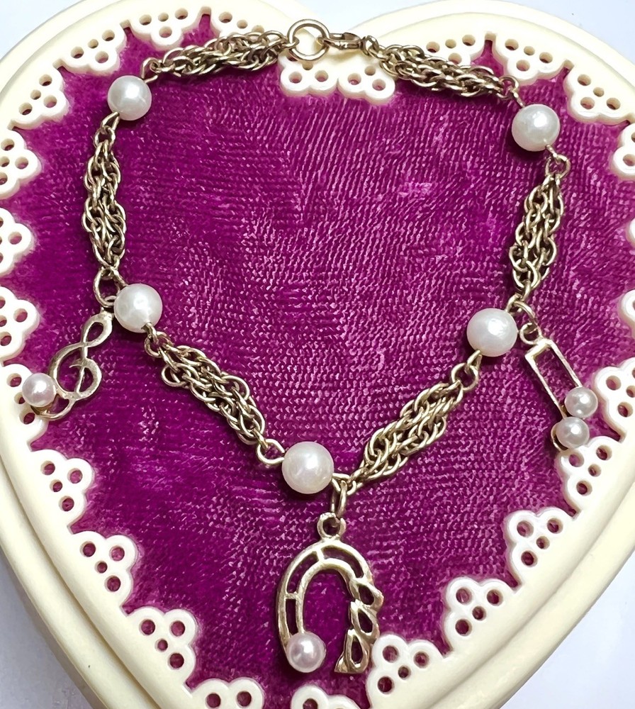 LOVELY Music Themed 14 Kt. Gold-Filled & Solid 14 Kt. Gold Pearl Charm Bracelet
