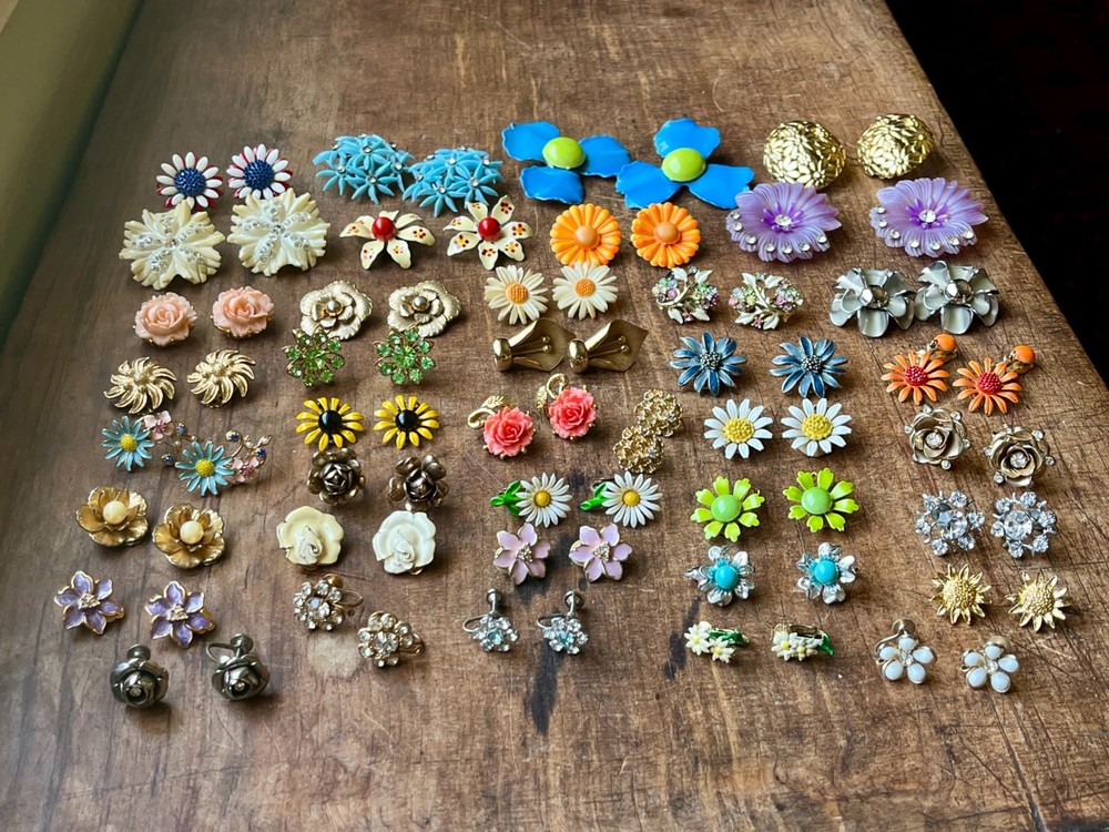 Huge Vintage Flower Earring Pairs Lot Enamel Rhinestone Coro Avon W Germany Etc.