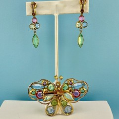 Vintage Butterfly Brooch Earrings Set Open Back Crystal Fruit Salad Pastel Color