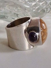 OBSIDIAN BRAND Fossil Coral & Amethyst Statement Ring Size 8 Sterling Silver
