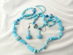 Vintage Sky Blue Wedding Cake & Mixed Shape Art Glass Bead Necklace & Earrings