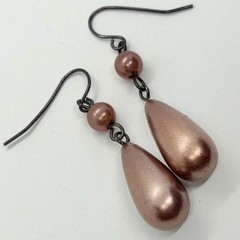 Vtg Brown Glass Pearl Teardrop Dangle Earrings Hook