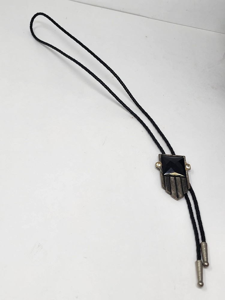 Vintage Bolo Tie Silver Tone & Black Stone Rhinestones Braided Leather Cord