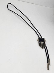 Vintage Bolo Tie Silver Tone & Black Stone Rhinestones Braided Leather Cord