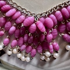 Vintage Pink Art Glass Faux Pearl Fringe Bib Statement Necklace Dramatic Runway