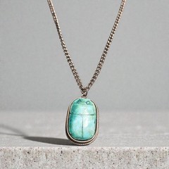 Vintage Egyptian Revival Scarab Pendant Necklace Double Sided Hieroglyphic Blue