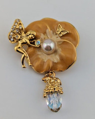 Kirks Folly Pansy Flower Brooch peach & AB crystals fairy angel pin goldtone B6