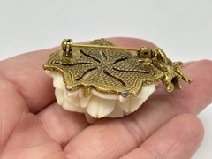 Vintage Cherub Angel Carved Rose Pin Brooch Gold Tone Cream Celluloid