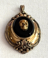 Antique Edwardian Memento Mori Brass Gold Plated Skull Black Stone Pendant