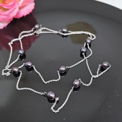 925 Sterling Silver Black Peacock Pearl Beaded Station Chain Necklace 40″ Long