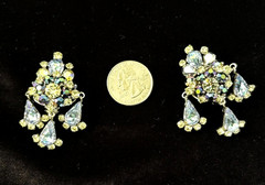 Fabulous Vintage Silver Tn BLUE AB Rhinestone Cluster Drop Clip Earrings AUSTRIA