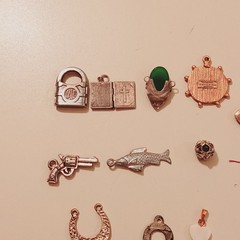 Vintage Silver Tone Charm Lot Yale Padlock Bible Gun Fish Horseshoe Jade Jewelry
