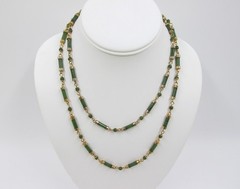 Jade Chinese Export Bamboo Cylinder Station Necklace Gold Plated 36″ Vintage