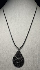 Vintage Gothic Silvertone Scrollwork Teardrop Pendant On Cord Necklace