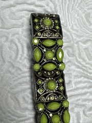 Vintage Green Faceted Cabochon & AB Rhinestones Ornate Stretch Bracelet