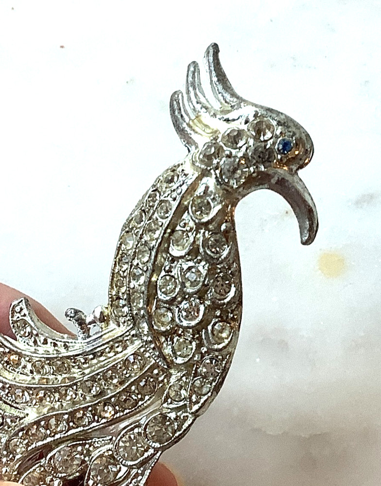Vintage Bird Brooch Pot Metal Silver Tone Rhinestone Pin 3″