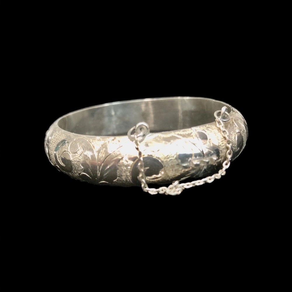 Vintage Sterling Silver 925 Hinged Etched Bangle Bracelet Safety Chain Thai