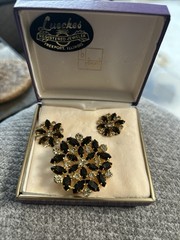Vintage B. David brooch and clip on earring set. Black rhinestones. w/ box