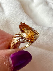 VINTAGE SOLID 14K YELLOW GOLD MARQUISE NAVETTE GOLDEN HONEY CITRINE DIAMOND RING