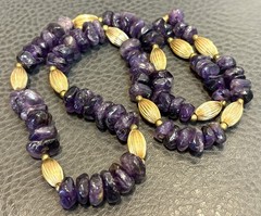 Genuine Dark Purple Amethyst Nugget Beaded Vintage Gold Tone Chunky Necklace 24”
