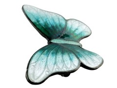Vintage Sterling Silver Guilloche Enamel Teal Green Blue Butterfly Pin 2g 21mm