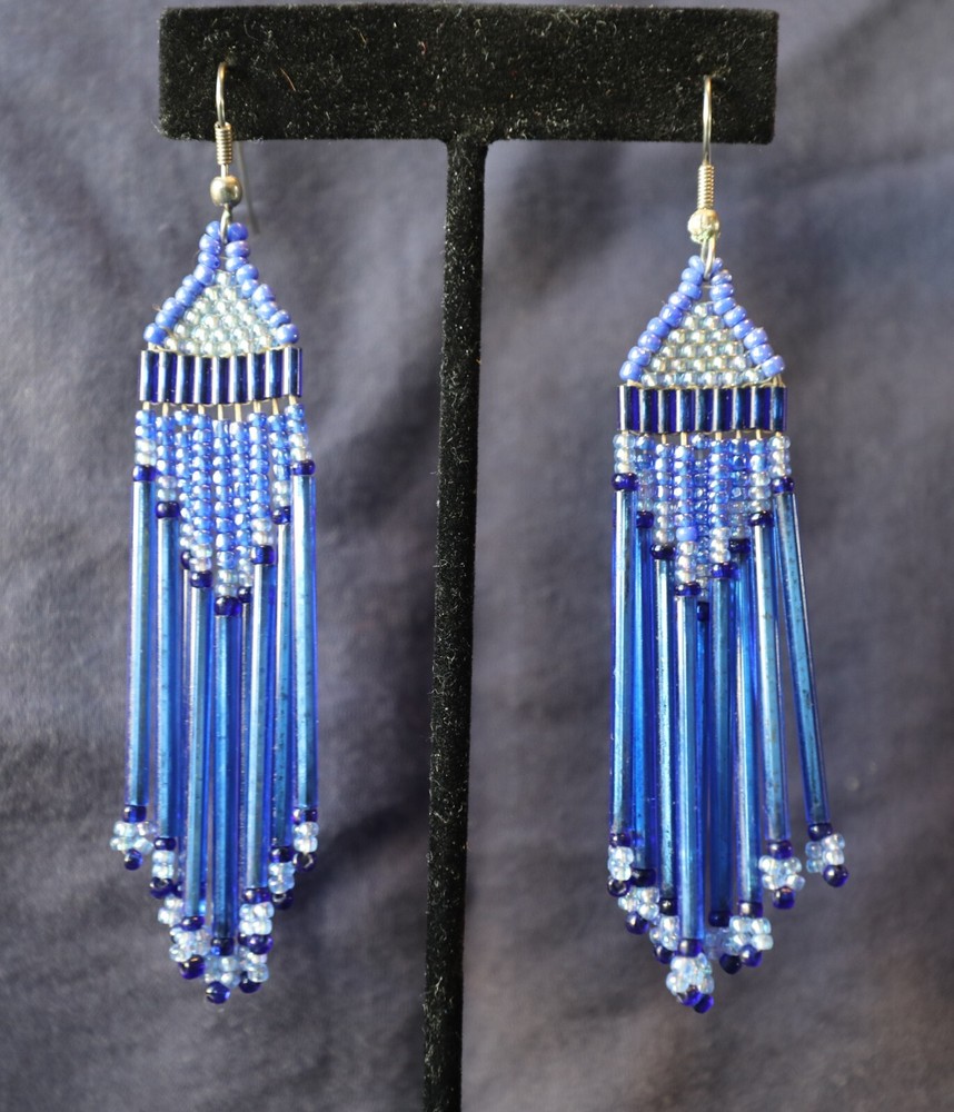 Homemade vintage beaded earrings [shades of blue, 3.75 inches]